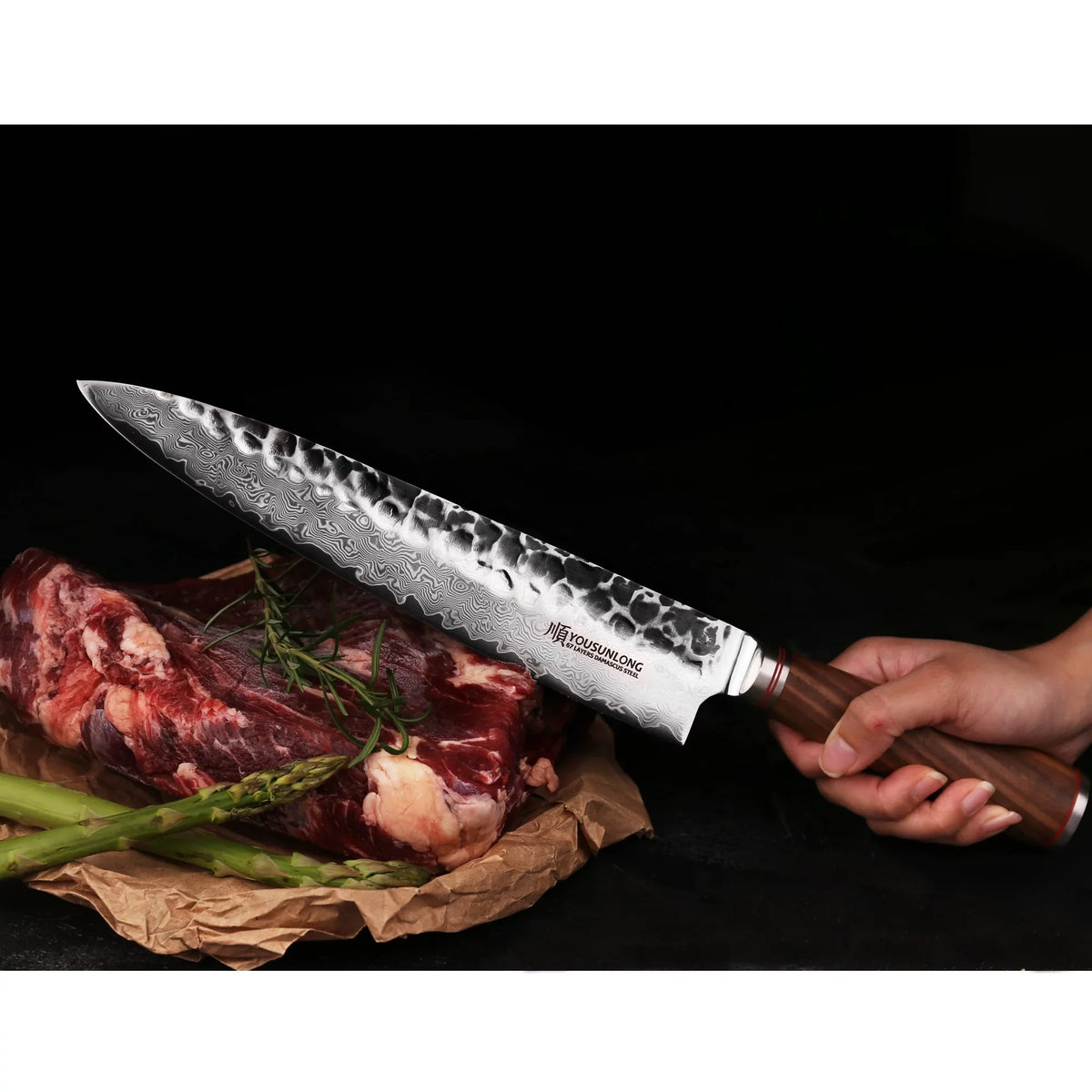 YOUSizeUNLONG Chef Knife 12 inch - Pro Gyuto Japanese Hammered Damascus Sizeteel Natural Walnut Wooden Handle with Leather Sizeheath