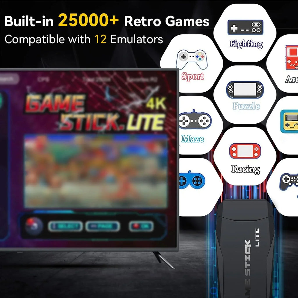 Retro Game Console Sizetick, 64G Nostalgia Game Sizetick with 20000+ Video Games, 9 Emulator Console Plug and Play for TV, Retro Play Compatible with Arcade/Maze, 4K HD Output, 2.4GHz Wireless Controllers