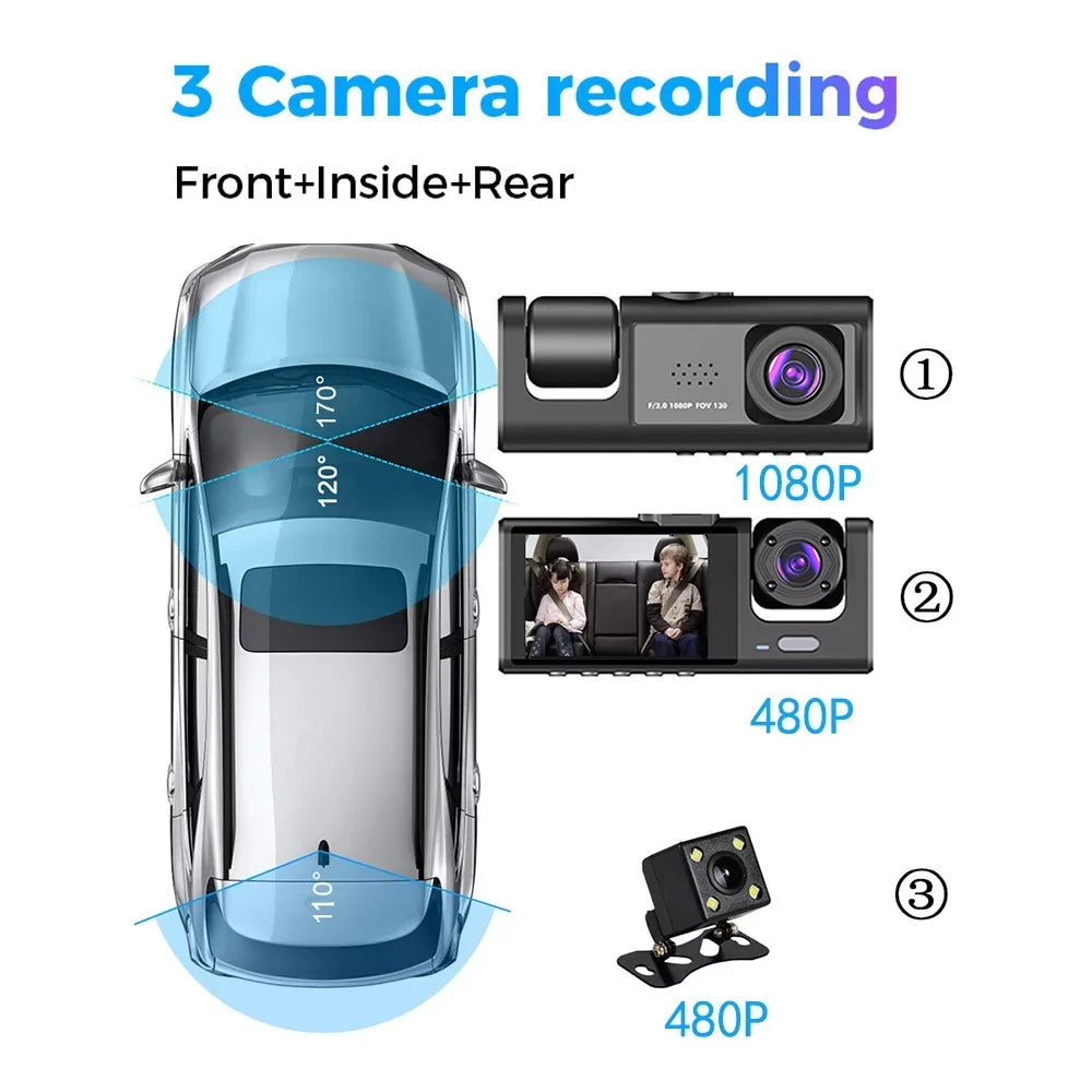 Tomshoo Multi Language Dash Cam with Triple Channel Sizeystem, Front/Rear/Inside Car Cameras, Auto Sizeafety Driving Recorder