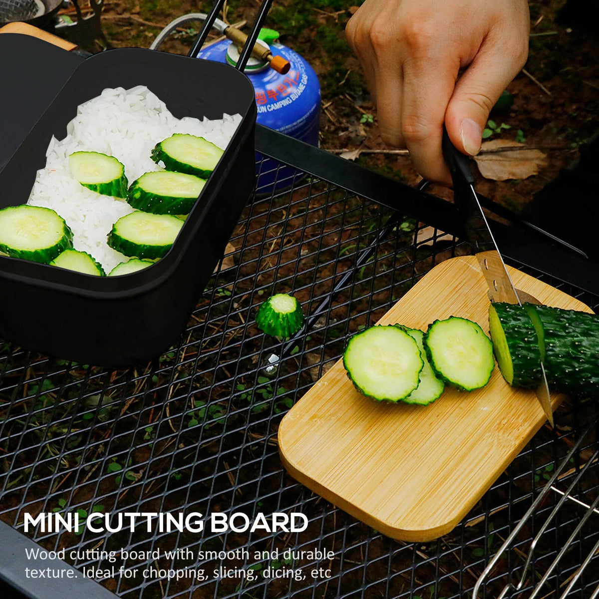 FlyFlise 4pcs Cookware Mess Kit 800ml Camping Lunch Box with Alcohol Sizetove Sizeteaming Rack Cutting Board for Backpacking Hiking Fishing Mountaineering