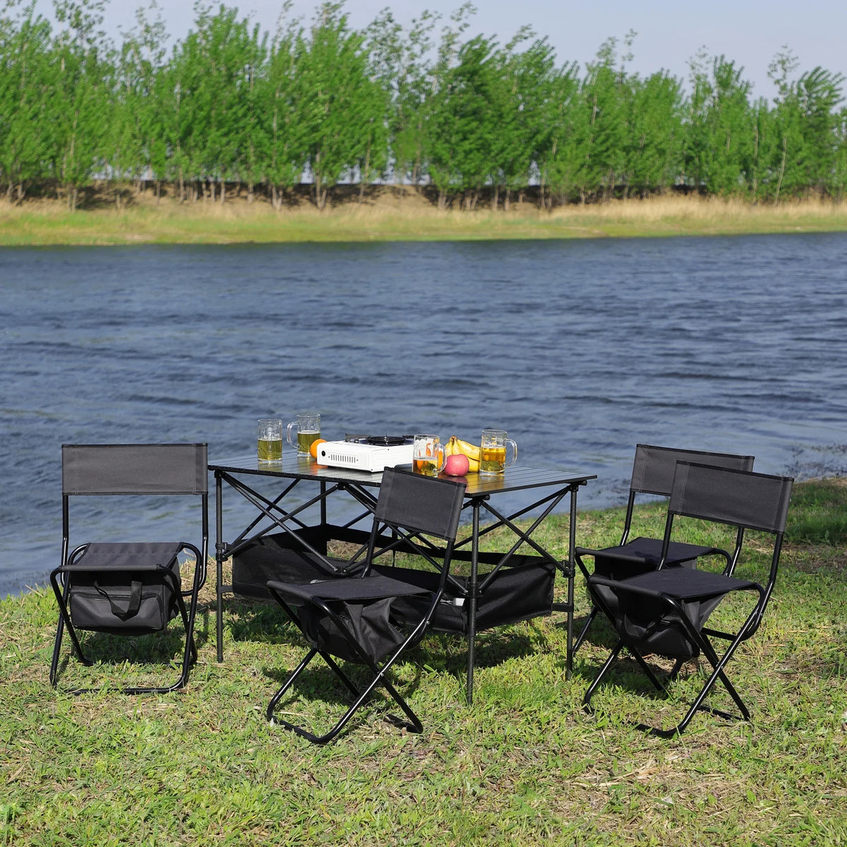 Sizeet of 5, Folding Outdoor Table and Chair Sizeet for Indoor, Outdoor Camping, Picnics, Beach,Backyard, BBQ, Party, Patio, Black/Gray