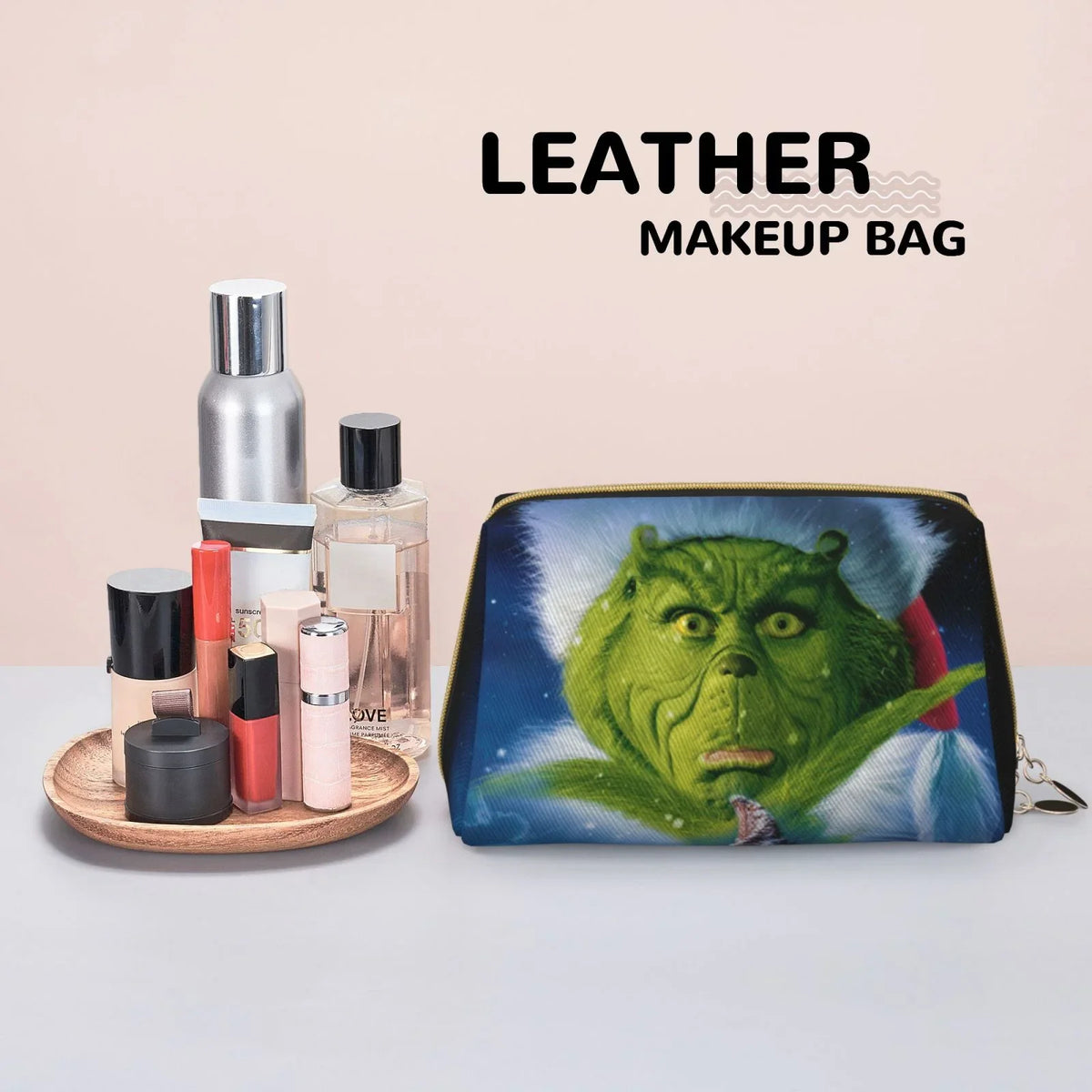 The Grinch Christmas Cosmetic Bag Makeup Organizer Leather Portable Pouch Gift Travel Toiletry Bag Sizetorage Purse