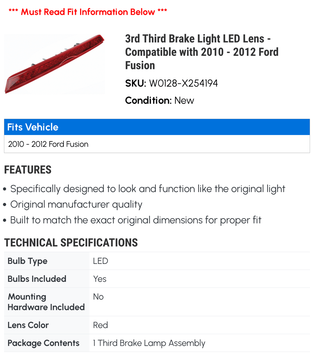 3rd Third Brake Light LED Lens - Compatible with 2010 - 2012 Ford Fusion 2011