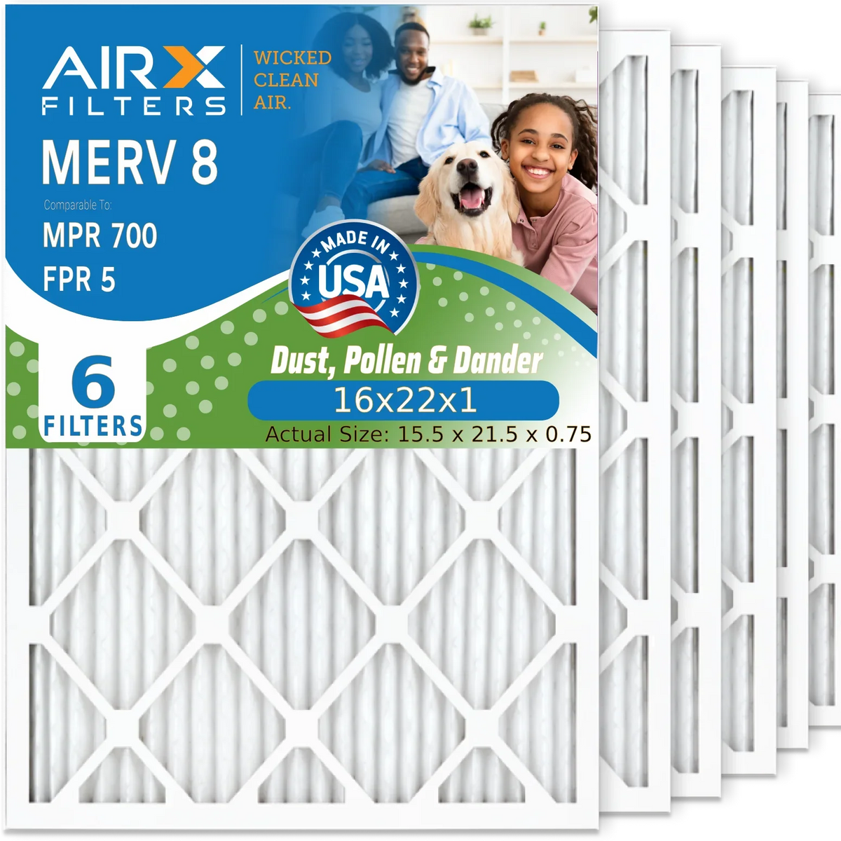 16x22x1 Air Filter MERV 8 Comparable to MPR 700 & FPR 5 Electrostatic Pleated Air Conditioner Filter 6 Pack HVAC AC Premium USizeA Made 16x22x1 Furnace Filters by AIRX FILTERSize WICKED CLEAN AIR.