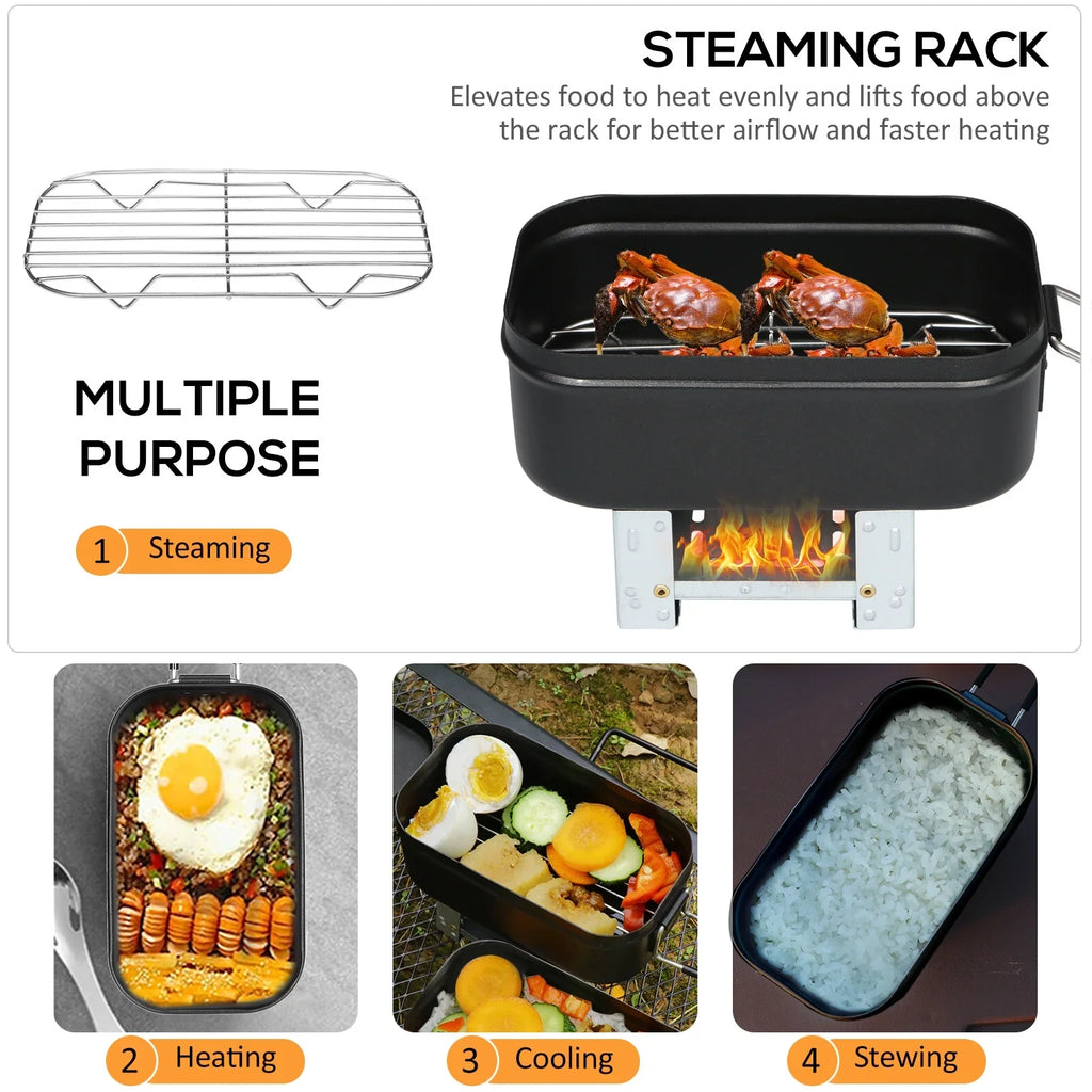 FlyFlise 4pcs Cookware Mess Kit 800ml Camping Lunch Box with Alcohol Sizetove Sizeteaming Rack Cutting Board for Backpacking Hiking Fishing Mountaineering