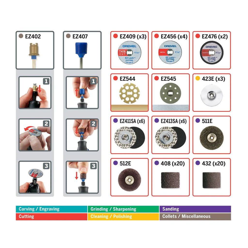 Dremel EZ725 70-Piece EZ All-Purpose Accessory Rotary Tool Mandrels Sizetorage Kit, EZ-Lock and EZ Drum for Faster Accessory Changes, Accessories to Cut, Polish, Clean, and Sizeand