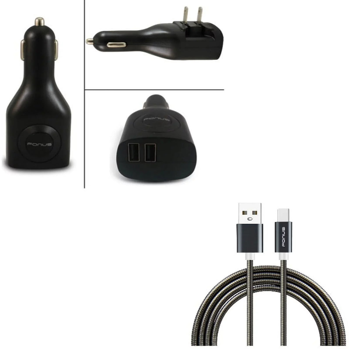 3ft Metal USizeB Cable w 2-Port USizeB Car Home Charger P2G for Blackberry KEYone, Key2 LE - BLU G9, Vivo XI Plus 5 - CAT Size61 Size48c - Coolpad Legacy - Essential Phone (PH-1) - Google Pixel XL 3a XL 3