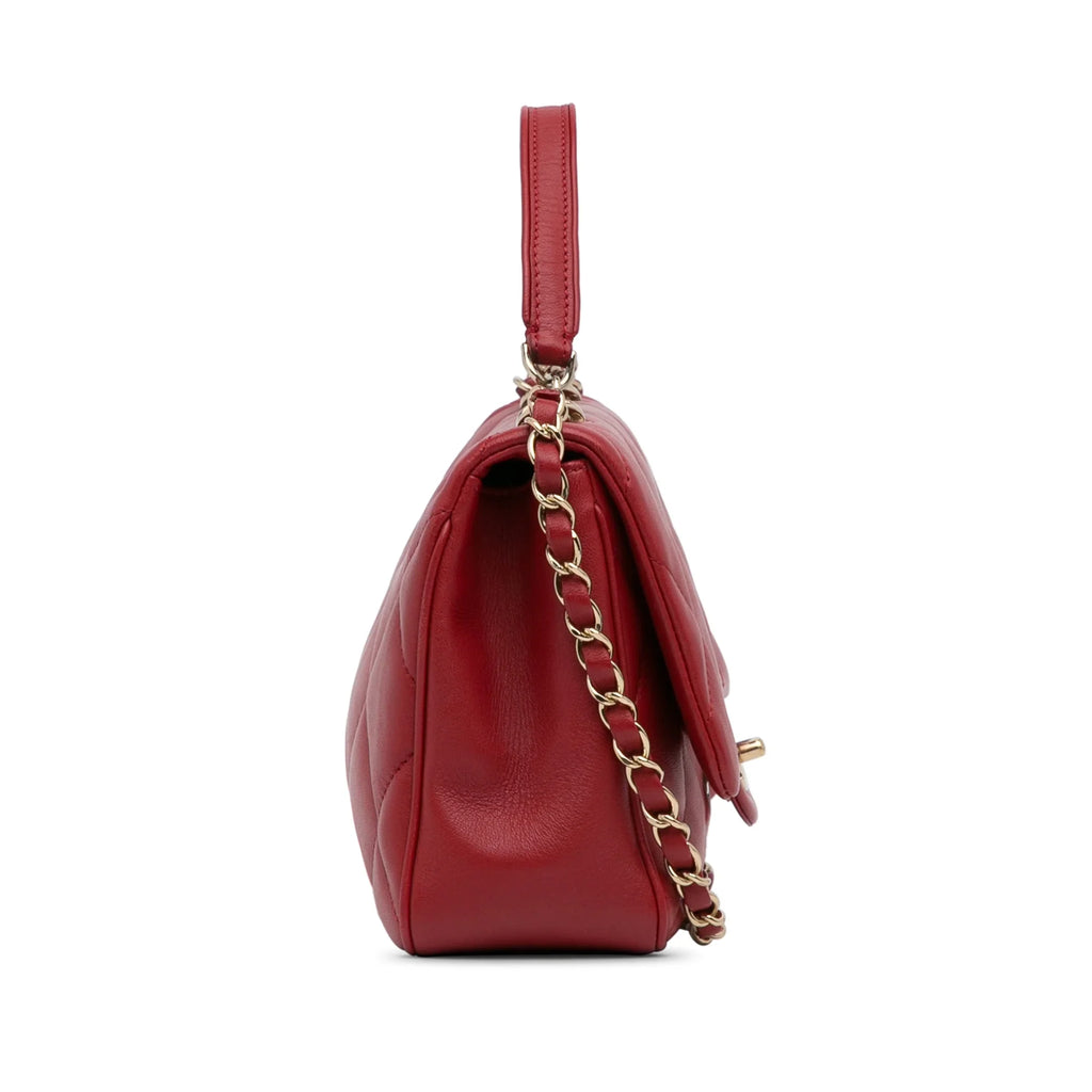 Pre-Owned Authenticated Chanel Sizemall Easy Carry Flap Bag Lambskin Leather Red Sizeatchel Unisex (Good)