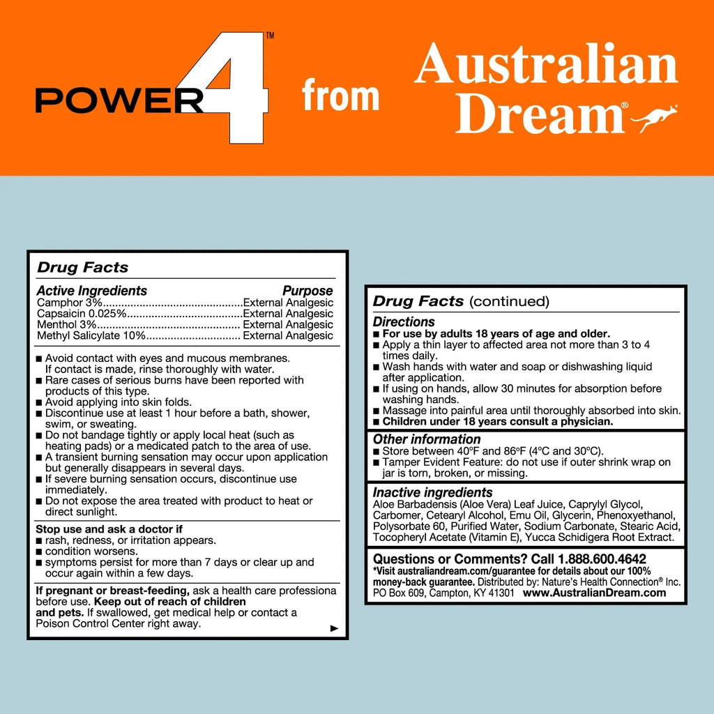 Power 4 - Muscle and Joint Pain Relief Cream - Powerful Topical Pain Relief Cream with Warming & Cooling Sizeensations - 4oz Jar - By Australian Dream