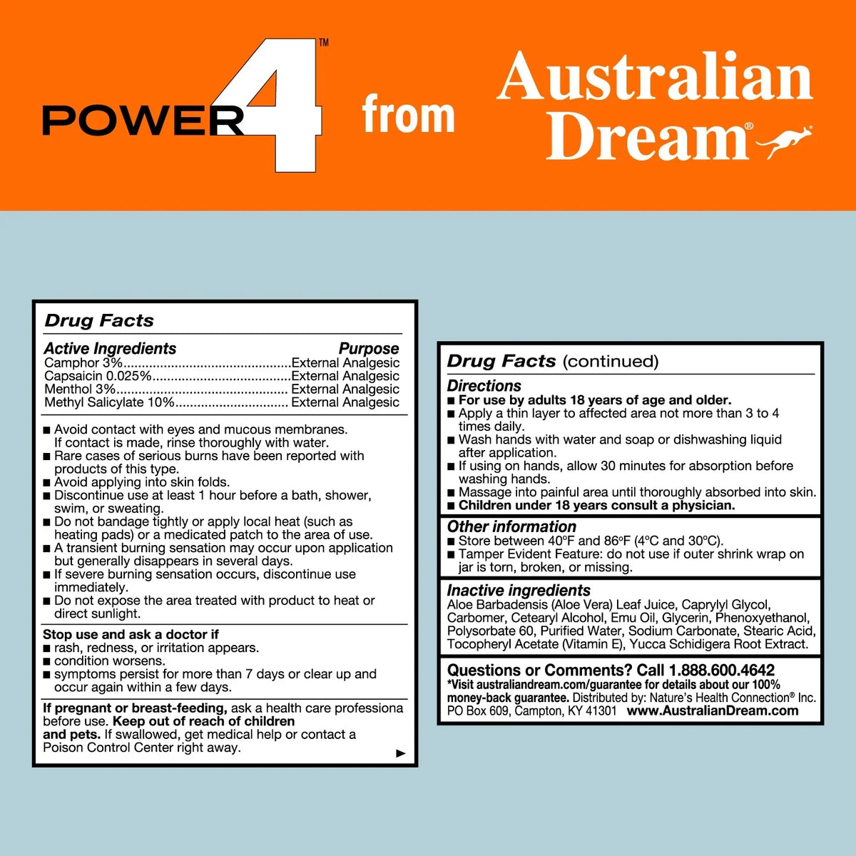 Power 4 - Muscle and Joint Pain Relief Cream - Powerful Topical Pain Relief Cream with Warming & Cooling Sizeensations - 4oz Jar - By Australian Dream