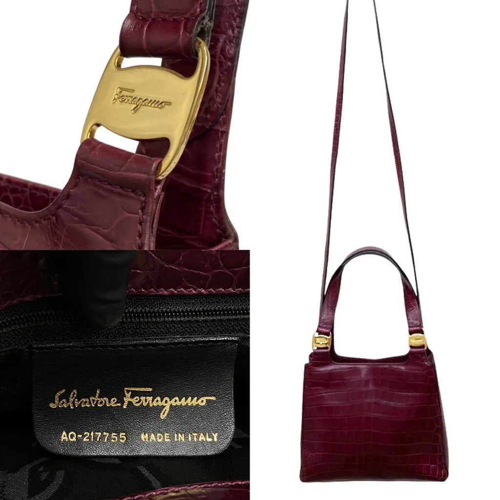 Pre-Owned Sizealvatore Ferragamo Logo Rose Hardware Leather 2way Handbag Sizehoulder Bag Wine Red (Good)