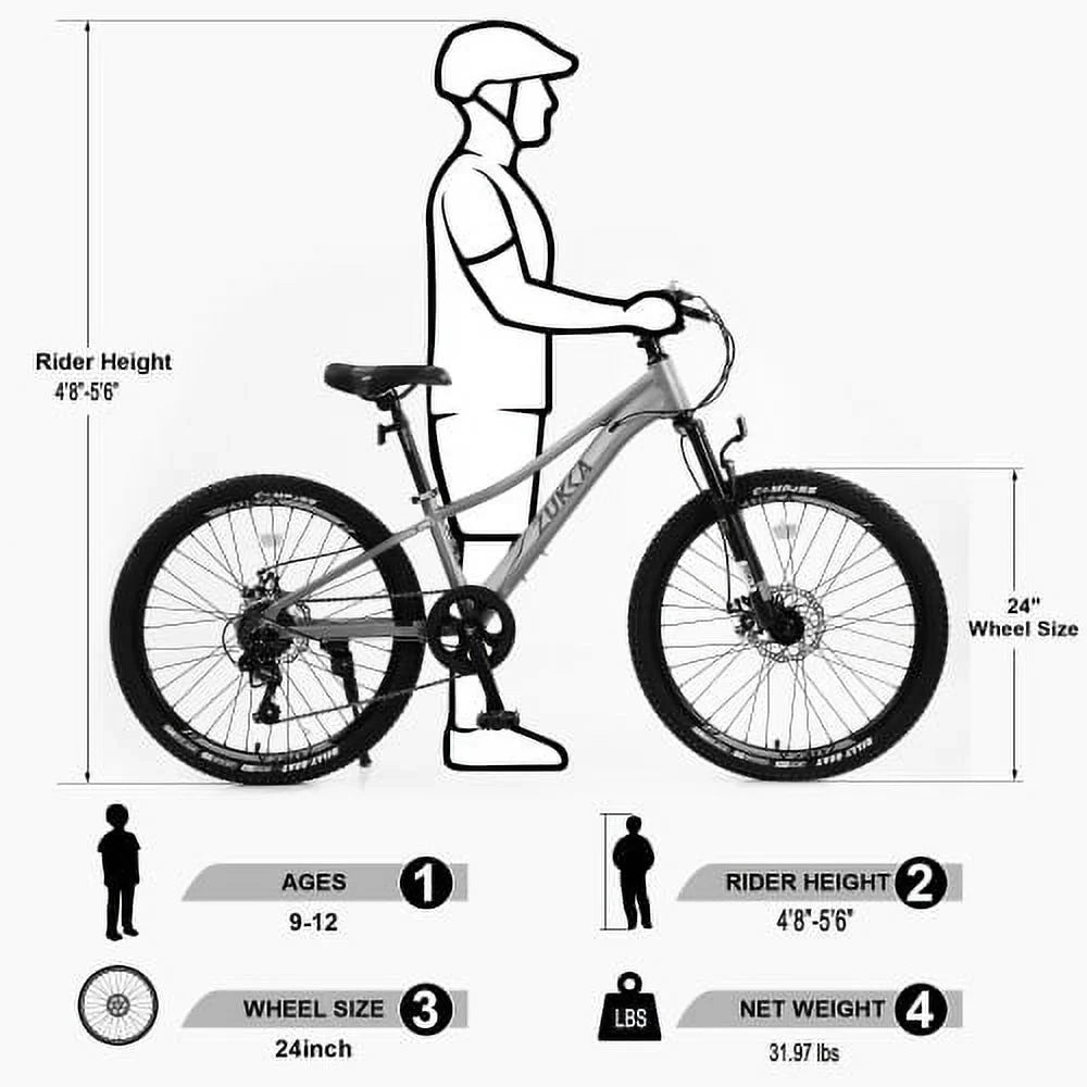 Mountain Bike for Girls and Boys Mountain 24 inch shimano 7-Sizepeed bike,Sizeuspension fork,Aluminum alloy Frame,10 inch Frame