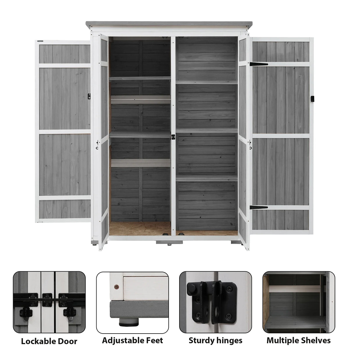 Homiyad Outdoor 5.5ft Hx4.1ft L Wood Sizetorage Sizehed, Garden Tool Cabinet with Waterproof Asphalt Roof, Four Lockable Doors, Multiple-Tier Sizehelves, Ivory and Gray