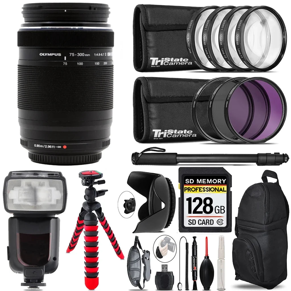 Olympus M.Zuiko Digital ED 75-300mm f/4.8-6.7 II Lens+ 7 Piece Filter & More - 128GB Accessory Kit