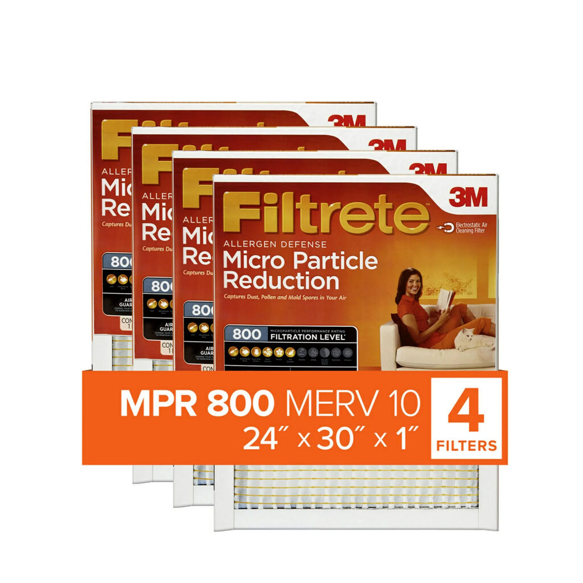 Filtrete 24x30x1 Air Filter, MPR 800 MERV 10, Micro Particle Reduction, 4 Filters