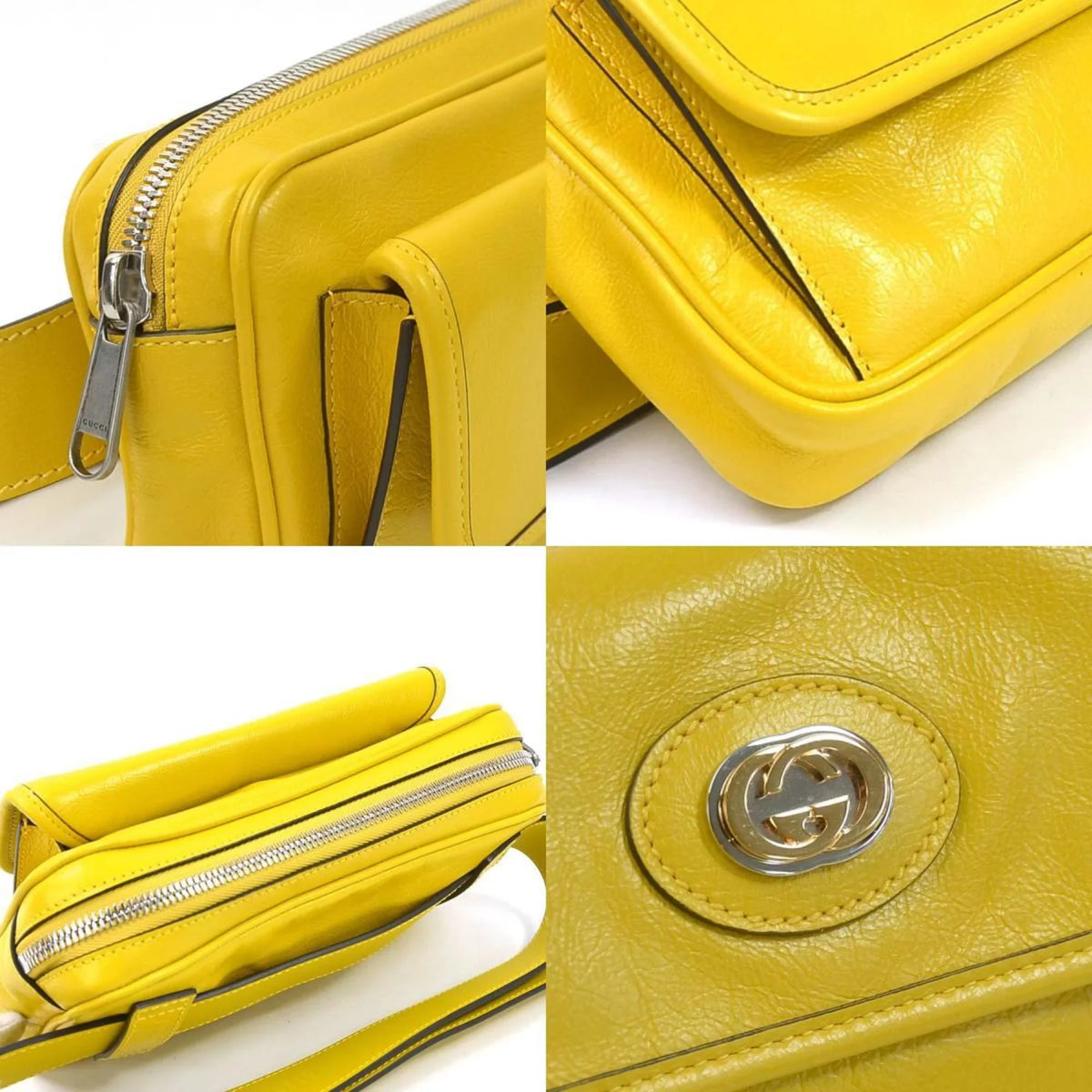 Pre-Owned Gucci GUCCI waist bag belt interlocking G leather yellow silver unisex 598080 (Good)