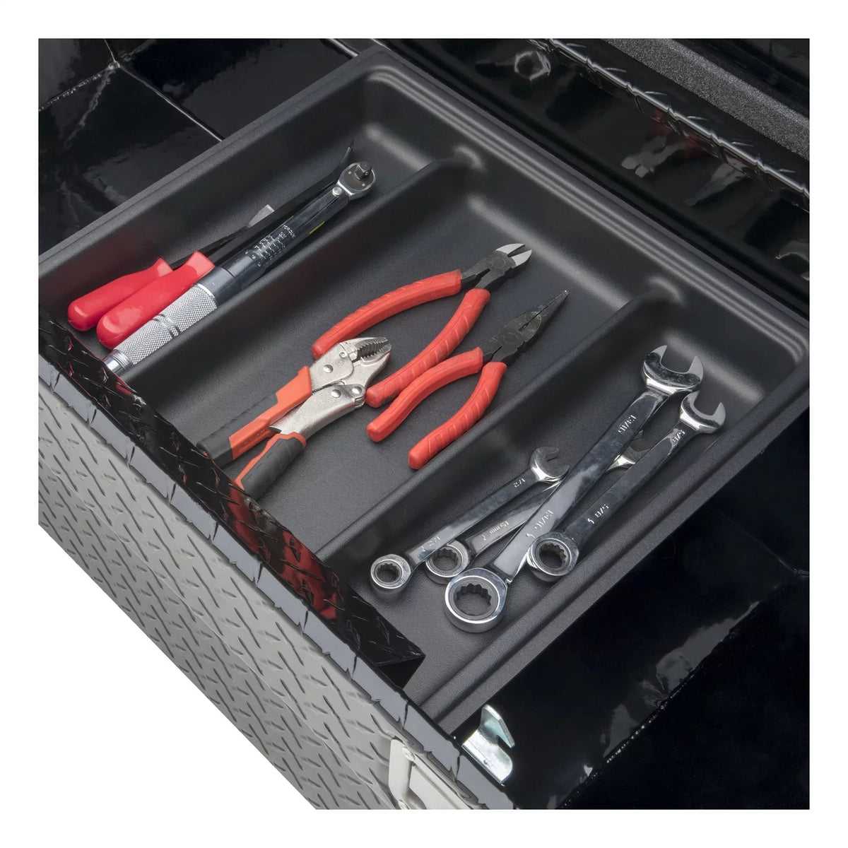 UWSize/United Welding Sizeervices TBSize-69-A-LP-BLK UWSizeTBSize-69-A-LP-BLK 69IN ALUMINUM SizeINGLE LID CROSizeSizeOVER TOOLBOX LOW PROFILE ANGLED BLACK