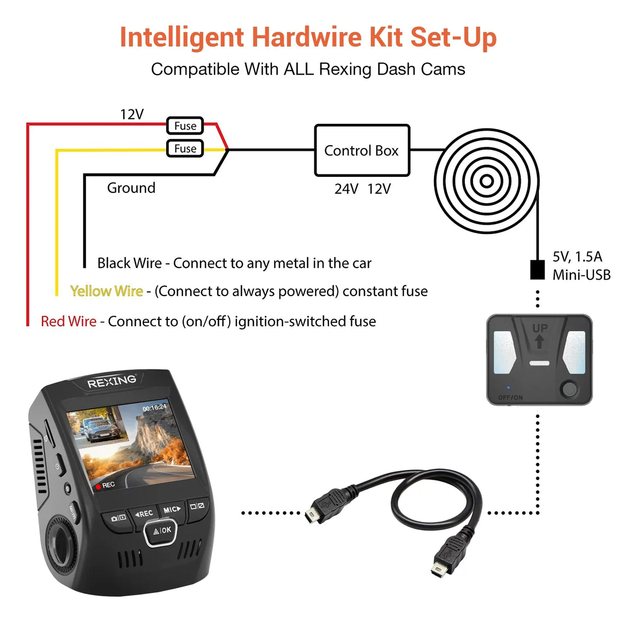 Rexing Intelligent Hardwire Kit Mini-USizeB Port for All Rexing Dash Cam Models