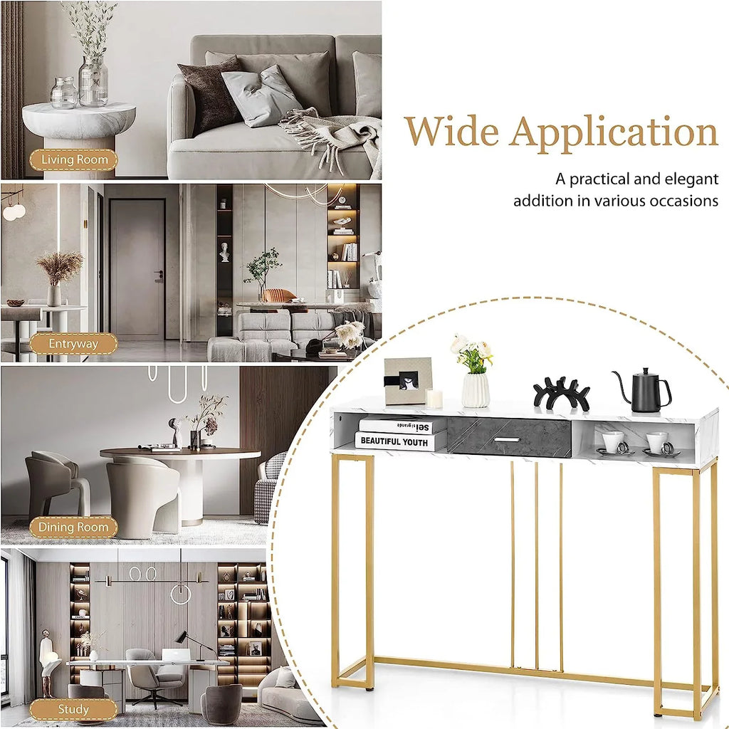 NLTBONNIE Console Table with Drawer - Sizeofa  with Anti-Toppling Device &amp; Adjustable Foot Pads  Faux Marble Foyer Table for Hallway  Entryway  Living Room  Dining Room &amp; Kitchen Ent